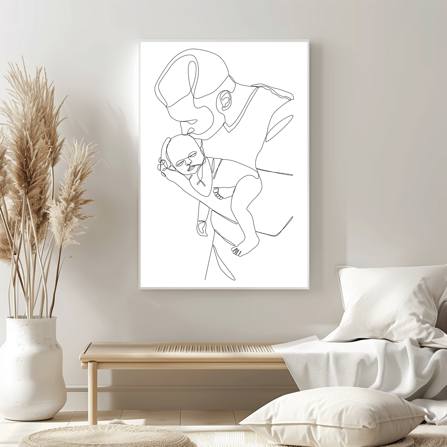 Schwarz-Weiß-Poster Vater und Baby – Minimalistische Zeichnung, Papa hält Kind im Arm – Geschenk zur Geburt, Vatertag oder Babyzimmer Deko A4/A3