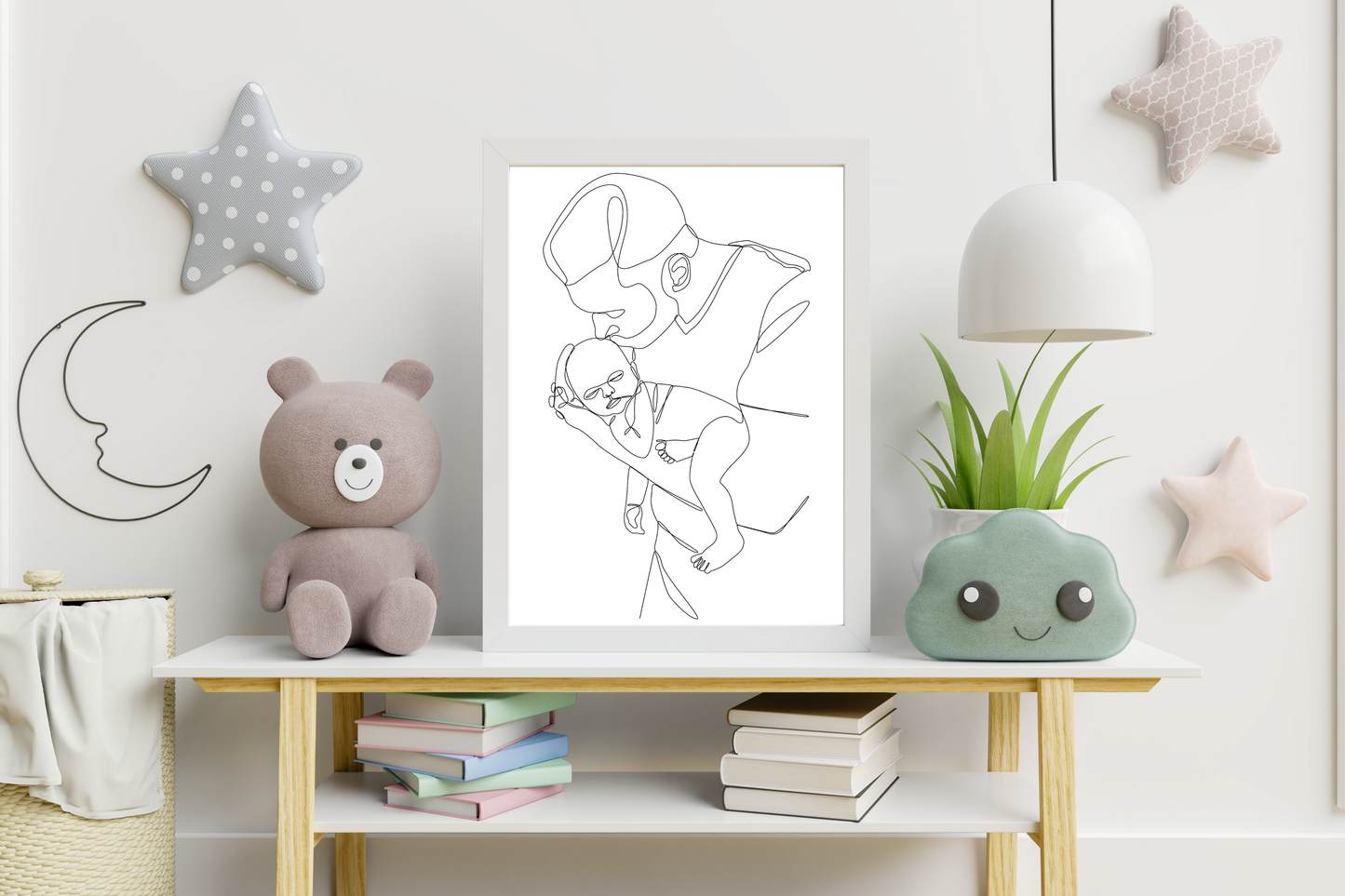 Schwarz-Weiß-Poster Vater und Baby – Minimalistische Zeichnung, Papa hält Kind im Arm – Geschenk zur Geburt, Vatertag oder Babyzimmer Deko A4/A3