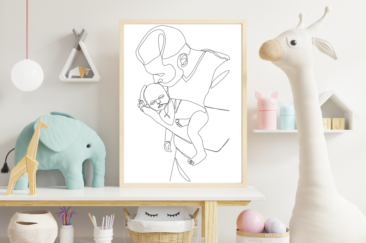 Schwarz-Weiß-Poster Vater und Baby – Minimalistische Zeichnung, Papa hält Kind im Arm – Geschenk zur Geburt, Vatertag oder Babyzimmer Deko A4/A3