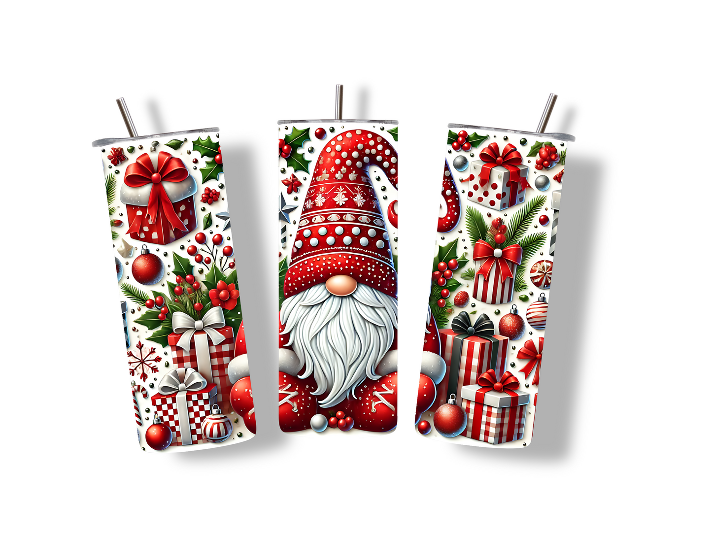 Weihnachtlicher Edelstahlbecher mit Gnom in Rot-Grün. Perfekt für heiße Getränke und ein tolles Geschenk zur Weihnachtszeit.