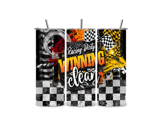 Stylischer Edelstahlbecher "Racing Dirty Winning Clean" – robust, umweltfreundlich, perfekt für Motorsport-Fans. Ideal für heiße & kalte Getränke!