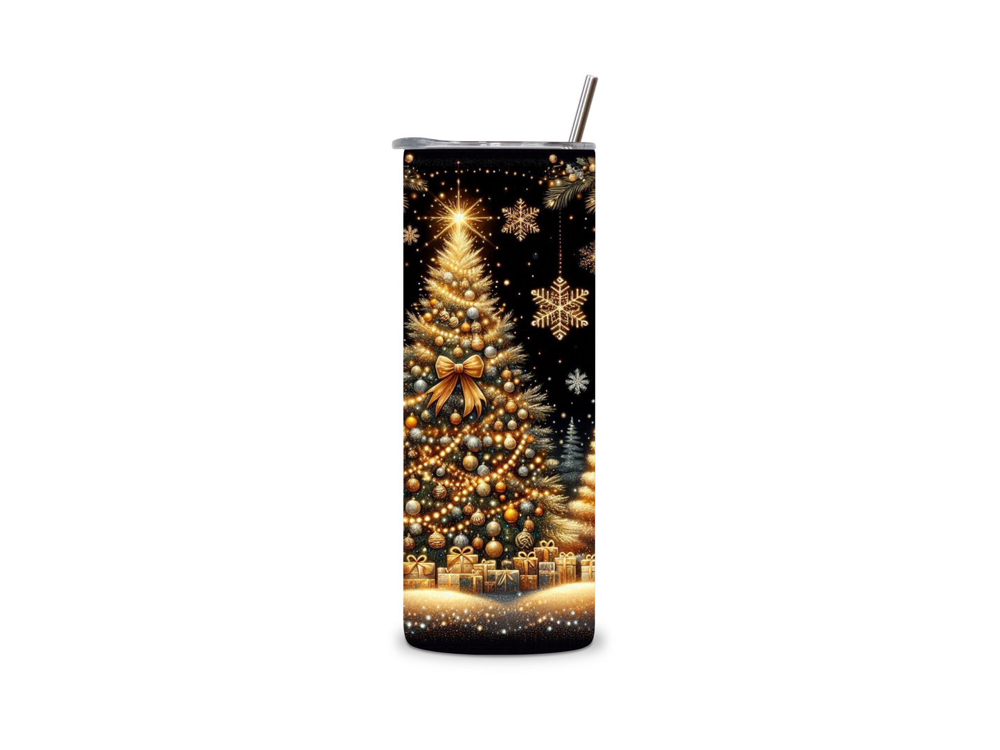 Eleganter Edelstahlbecher mit gold-schwarzer Weihnachtslandschaft, Christbaum und Schnee. Ideal für heiße Wintergetränke und festliche Stimmung!