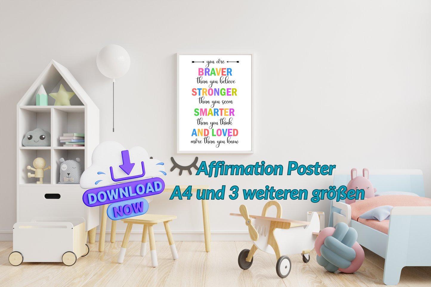 Affirmation Poster Kinder – You Are Braver Quote – Kinderzimmer Deko Englisch – Selbstbewusstsein stärken – Digital Download Wandbild