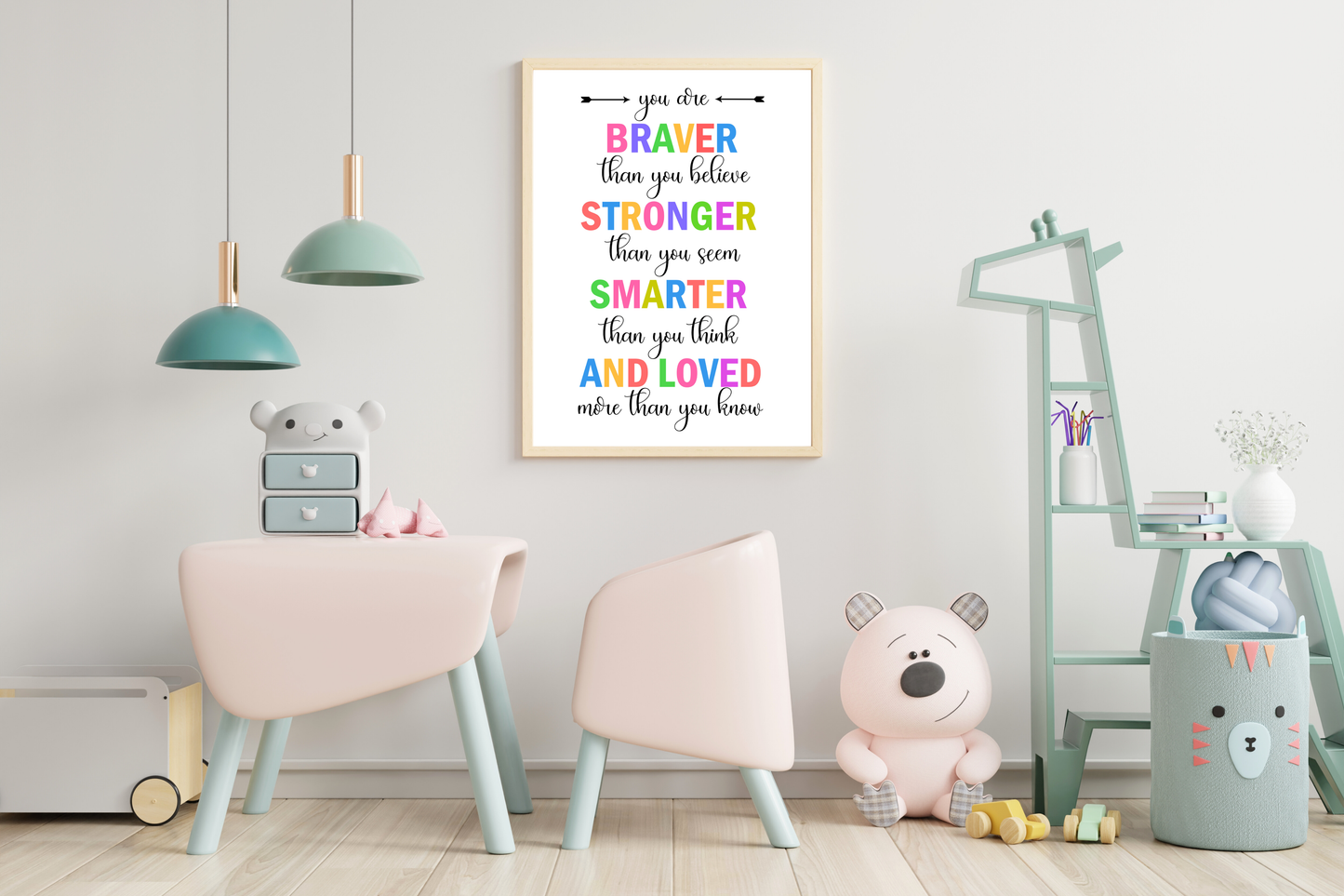 Affirmation Poster Kinder – You Are Braver Quote – Kinderzimmer Deko Englisch – Selbstbewusstsein stärken – Digital Download Wandbild