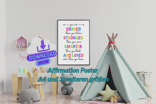 Affirmation Poster Kinder – You Are Braver Quote – Kinderzimmer Deko Englisch – Selbstbewusstsein stärken – Digital Download Wandbild